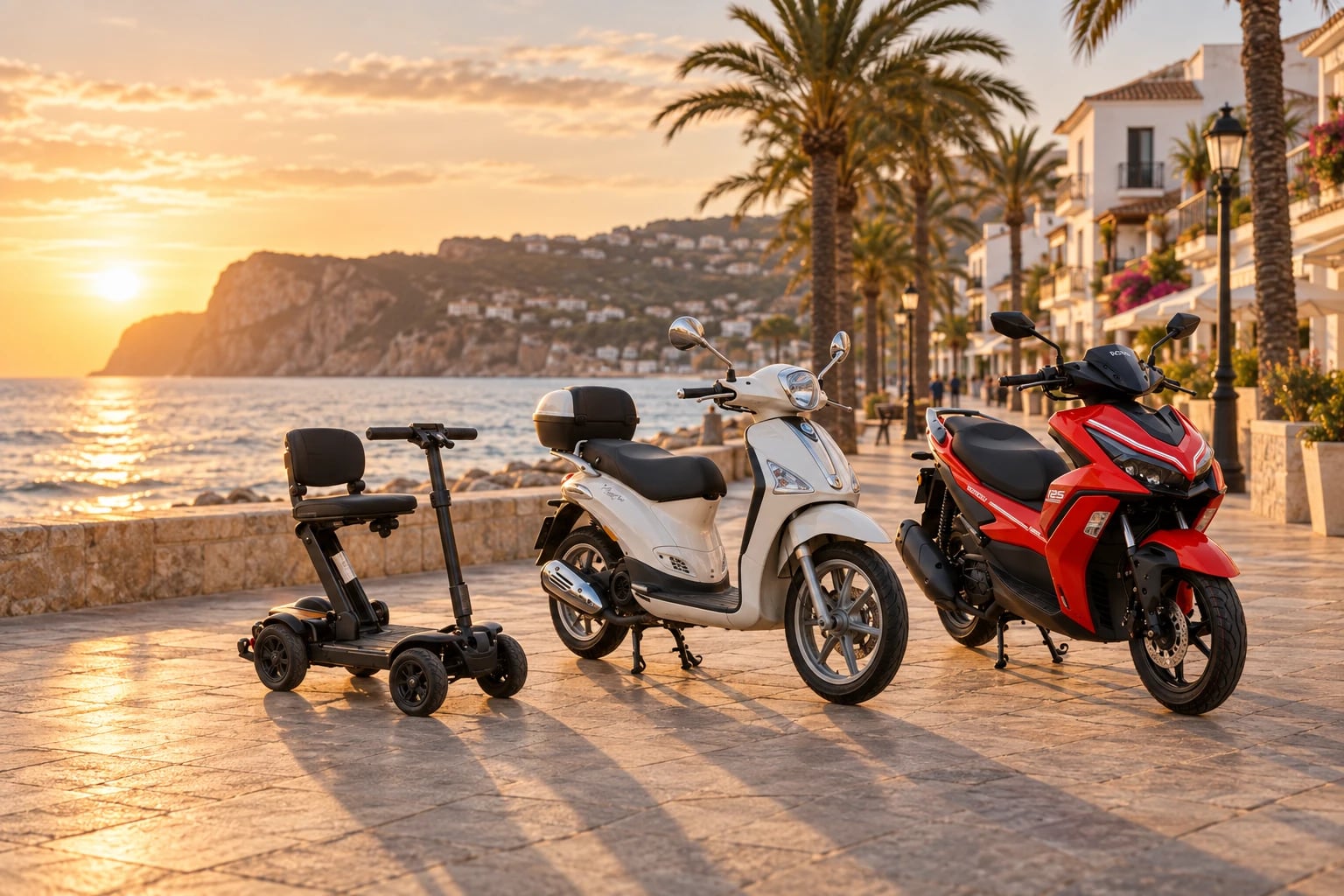 Opvouwbare scootmobiel, witte Piaggio Liberty en rode KRC Archy op de boulevard van Jávea bij zonsondergang